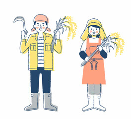 稲穂を持っている稲作農家の男女