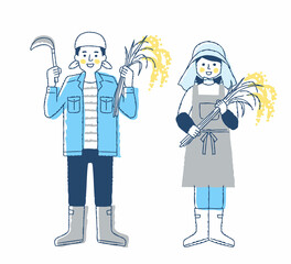 稲穂を持っている稲作農家の男女