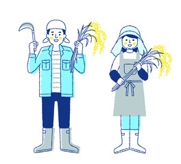 稲穂を持っている稲作農家の男女