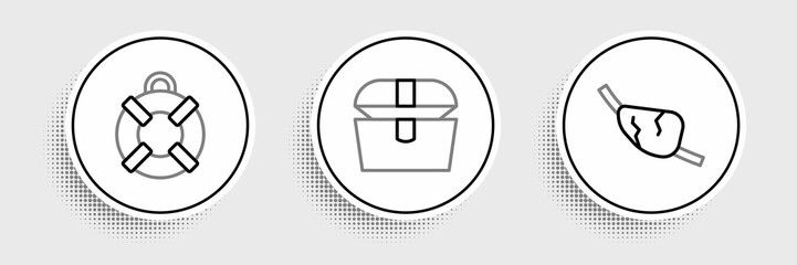 Set line Pirate eye patch, Lifebuoy and Antique treasure chest icon. Vector