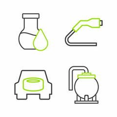 Set line Oil tank storage, Spare wheel in the car, Electrical cable plug charging and petrol test tube icon. Vector