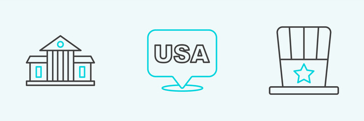 Set line Patriotic American top hat, White House and USA Independence day icon. Vector