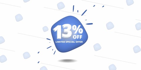 13% off limited special offer. Banner with thirteen percent discount on a  white background with blue bubble