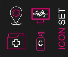 Set line Antibacterial soap, Patient record, Monitor with cardiogram and Location hospital icon. Vector