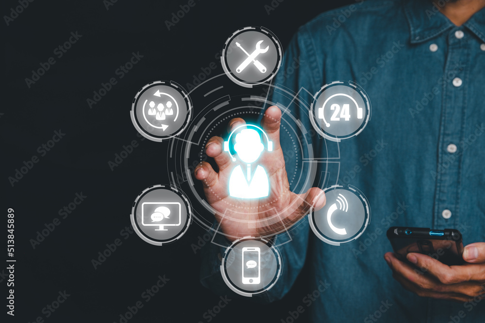 Poster technical support customer service concept, person hand using smart phone with vr screen support cus