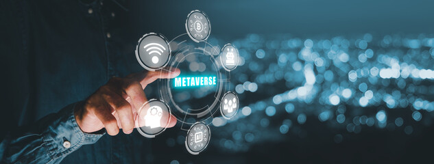 Metaverse Technology concepts, Person hand touching metaverse virtual icon diagram, Visualization...