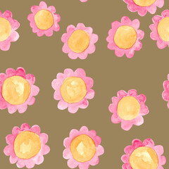 Pink with yellow flowers watercolor painting - seamless pattern on brown background