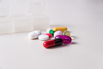 close-up of colored pills, medicinal, pandemic, health and wellness concept