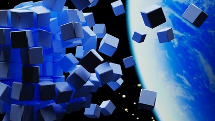 A set of many white cubes that are collapsing under black-blue lighting background. Conceptual 3D illustration of blockchain, financial system and personal data analysis.