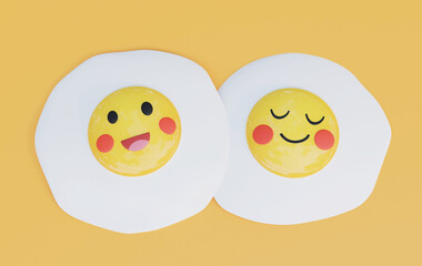 two fried eggs with happy face 3d rendering on orange background