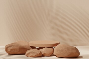 Premium podium on pastel Background for product display, Abstract geometric composition with branch and shadow on the wall, 3D render. Mock up for exhibitions. Promotion.