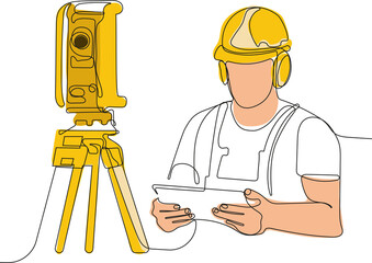 Close up of young Caucasian worker with helmet on head using tablet for work while standing in warehouse. Surveyor with a tripod icon. Geodesic tripod. Vector illustration