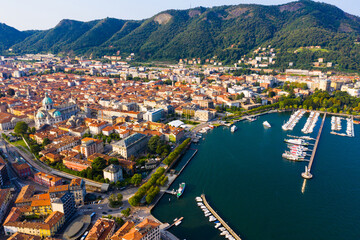 Panoramic view from the drone on the city Como. Italy