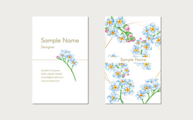 business card template design with hand painted illustration of forget me not flowers
