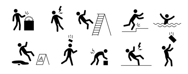 Accident pictogram man icon. Work safety, injury caution, hazard pictogram sign set. Warning, danger icon stick man vector illustration.
