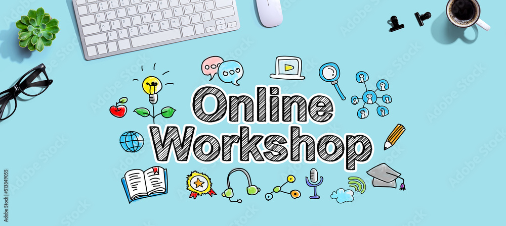 Poster online workshop with a computer keyboard and a mouse