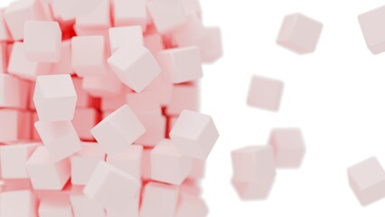 A set of many pink cubes that are collapsing under white lighting background. Conceptual 3D illustration of blockchain, financial system and personal data analysis.