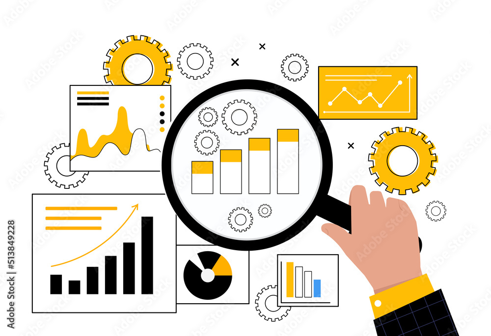 Poster analysis of graphs and charts. character with magnifying glass collects information. evaluation of c