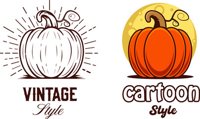 Vector orange Pumpkin, vintage retro and Cartoon fun style.  Halloween food illustration
