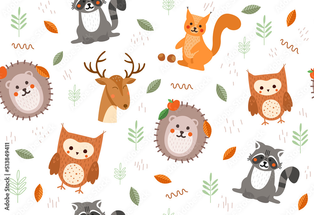 Poster cute seamless pattern with animals. repeating image with forest animals for printing on wrapping pap
