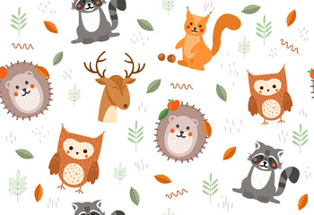 Fototapeta premium Cute seamless pattern with animals. Repeating image with forest animals for printing on wrapping paper. Autumn season. Raccoon, hedgehog, owl, deer and squirrel. Cartoon flat vector illustration