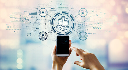 Fototapeta na wymiar Fingerprint scanning theme with hand pressing a smartphone screen