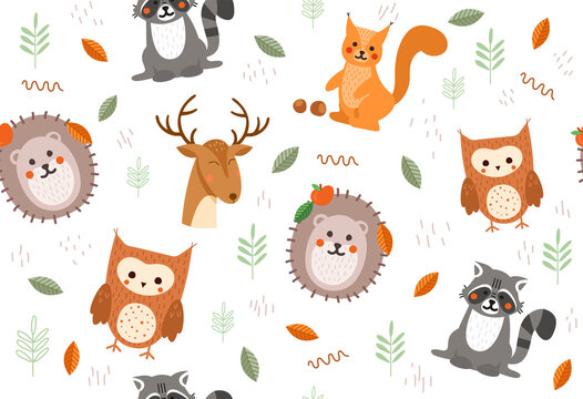 Cute seamless pattern with animals. Repeating image with forest animals for printing on wrapping paper. Autumn season. Raccoon, hedgehog, owl, deer and squirrel. Cartoon flat vector illustration