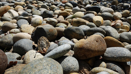 Dried river bed full of smoothed rocks.