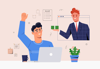 Online income concept. Man at laptop collects banknotes. Financial literacy, successful freelancer or remote worker. Hardworking entrepreneur working on project. Cartoon flat vector illustration