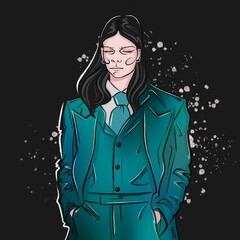 Dark fashion line-art of a long haired man in a blue classic suit. Young man with long black hair is a model in a blue classic jacket and pants.