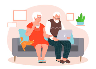 Studying computer concept. Grandparents sitting at laptop, novice PC users, seniors and old people. Elderly couple masters modern technologies, gadgets and devices. Cartoon flat vector illustration