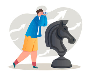 Success strategy concept. Man looks through binoculars next to chess. Entrepreneur or businessman sets goals for development of company. Leadership and motivation. Cartoon flat vector illustration