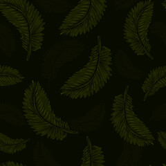 Watercolor pattern green bird feather on a dark background for your seamless design,illustration hand drawn