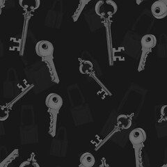 Watercolor pattern silver key and lock on black background for your seamless design, hand drawn illustration