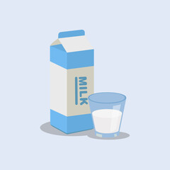 Milk carton pack and glass of milk isolated on pastel blue background