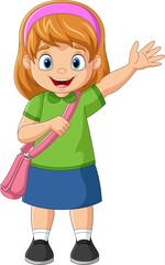 Cartoon school girl with backpack waving hand