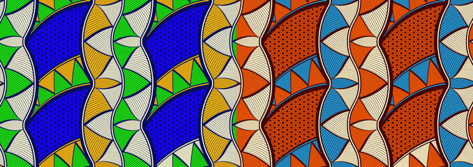 africa abstract seamless pattern, set 2 types color, geometric shape, tribal textile art, hand-draw background vibrant colors, fashion artwork for Fabric print, clothes, scarf, shawl, carpet, kerchief © kirkchai