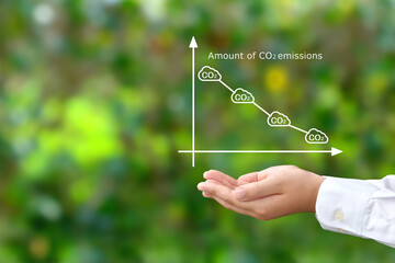 二酸化炭素削減のグラフを掲げる子供の手
