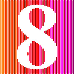 Creative layout. Number eight 8th birthday greeting card on rainbow background. Anniversary concept. top view. Copy space. Stylish colorful figure on a motley background. numeric digit