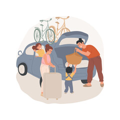 Load car isolated cartoon vector illustration. Family members loading bags in a car, bikes on the rooftop, go camping together, children helping parents, going on holiday vector cartoon.