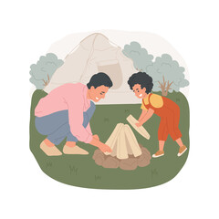Build a campfire isolated cartoon vector illustration. Son and father making a campfire, put wood in teepee shape, building a fire place together, holiday camping activity vector cartoon. © Vector Juice