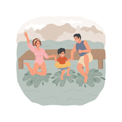 Swimming in a lake isolated cartoon vector illustration. Family on holiday, colorful swimming suits, parents and kids jumping in the water from a pier, lake in the mountains vector cartoon.