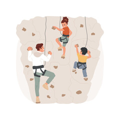 Bouldering isolated cartoon vector illustration. Active lifestyle, bouldering park, children wearing equipment, family climbing a big rock, forest adventure, sport in the nature vector cartoon.