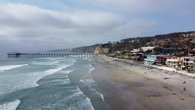 An Aerial UAV Drone view of the La Jolla Shores Beach in San Diego, California, looking at the Pier