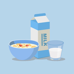 Cereal bowl with milk and milk carton