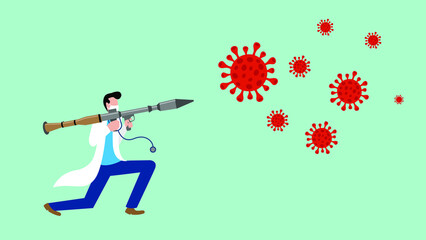 Naklejka premium Male doctor wearing a medical mask attack virus particles with a bazooka vector cartoon illustration