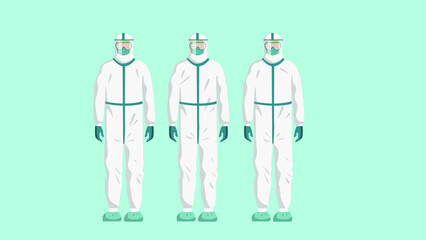 Group of men in protective PPE suit. Vector illustration of personal protective equipment concept.