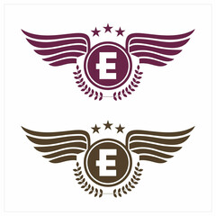 E initials logo in badge star wing shape illustration