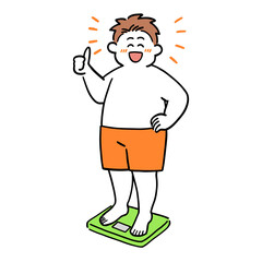 体重計に乗って喜んでいる太り気味の男性