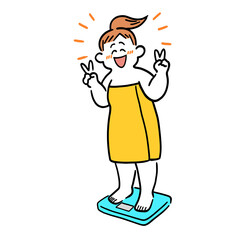 体重計に乗って喜んでいる太り気味の女性